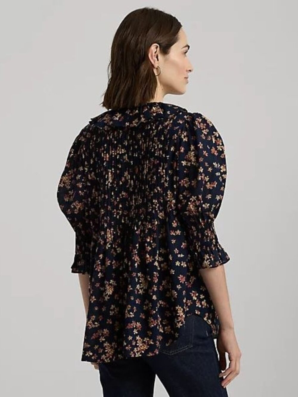 $145 Lauren Ralph Lauren Floral Cotton Voile Puff-Sleeve Blouse Navy Size XL - Picture 4 of 13